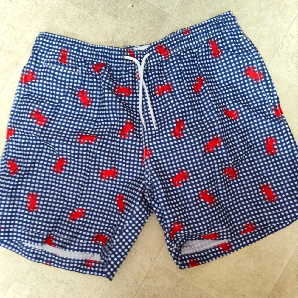 Trunks Surf & Swim Co Trunks Mens XL Board Short Built In Brief Gingham Lobsters